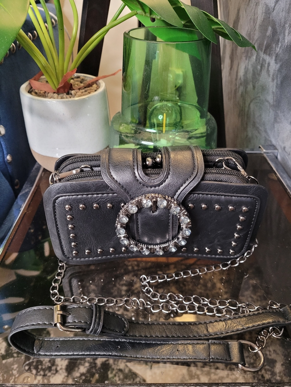 Vegan Leather Black Studded Crossbody Bag with Crystal Buckle